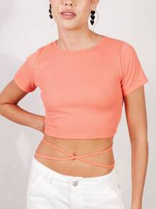 SHE(IN) BRASIL 素色交叉後綁帶短款T恤 - 珊瑚粉 - 查看 3