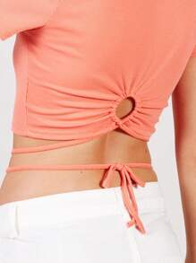 SHE(IN) BRASIL 素色交叉後綁帶短款T恤 - 珊瑚粉 - 查看 5