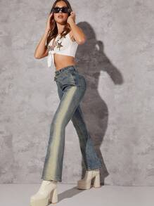 Cao eo Frayed Denim mùa giặt Quần jean loe - Rửa trung bình - Xem 1