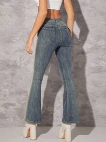 Cao eo Frayed Denim mùa giặt Quần jean loe - Rửa trung bình - Xem 2