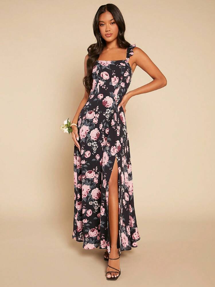 Floral Print Split Thigh A-line Bridesmaid Dress