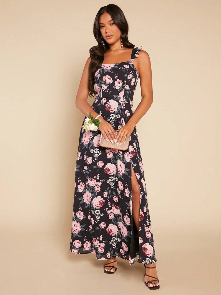 Floral Print Split Thigh A-line Bridesmaid Dress