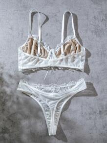Floral Lace Underwire Lingerie Set - White - View 2