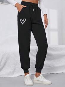 INAWLY 愛心圖案腰部抽繩衛褲 - 黑色 - 查看 1