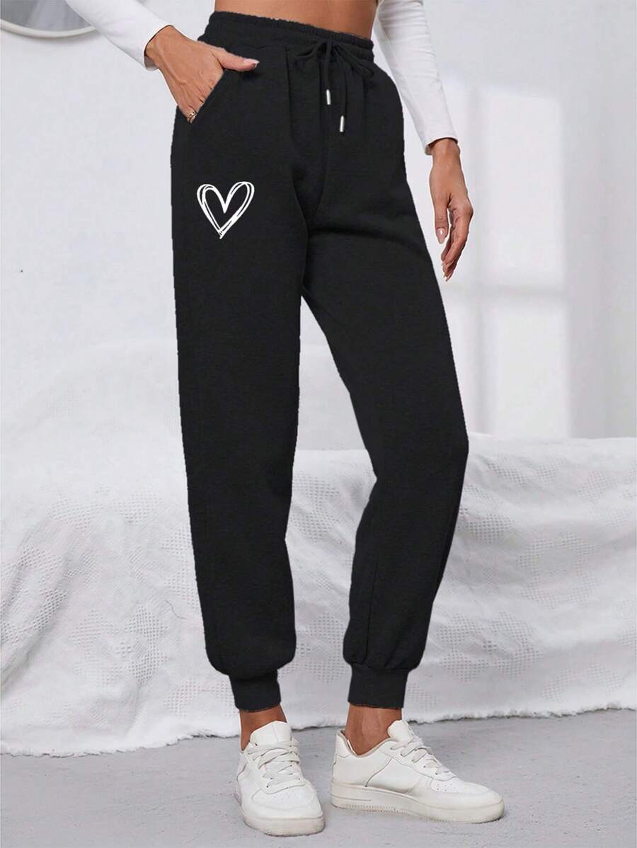 INAWLY 愛心圖案腰部抽繩衛褲 - 黑色 - 查看 1