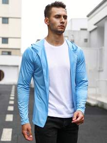 Hombres Cazadora deportiva con cremallera con capucha - Celeste - Ver 4