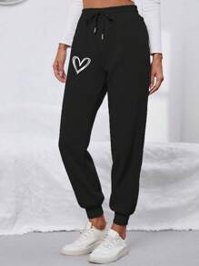 INAWLY 愛心圖案腰部抽繩衛褲 - 黑色 - 查看 5