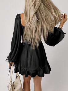 Acelitt Sweetheart Neck Lantern Sleeve Ruched Bust Ruffle Hem Dress - Black - View 2