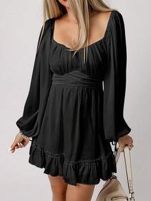 Acelitt Sweetheart Neck Lantern Sleeve Ruched Bust Ruffle Hem Dress - Black - View 3