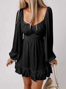 Acelitt Sweetheart Neck Lantern Sleeve Ruched Bust Ruffle Hem Dress - Black - View 5