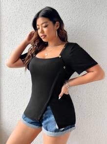 Celure 大碼紐扣細節下擺開叉T恤 - 黑色 - 查看 6