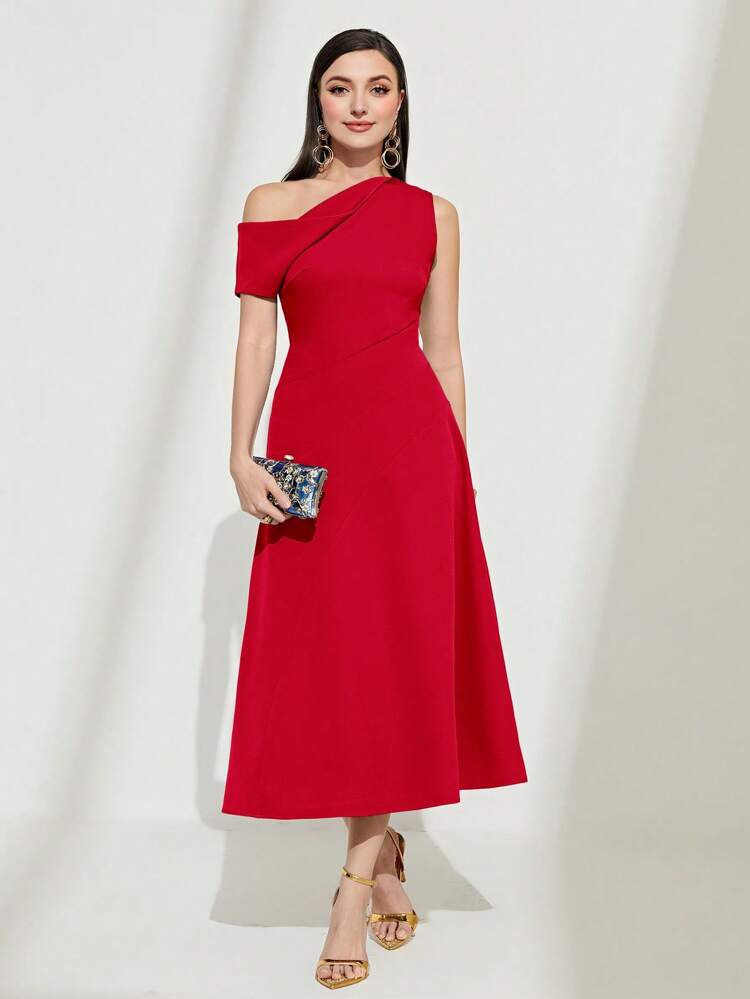 Solid Asymmetrical Neck A-line Dress