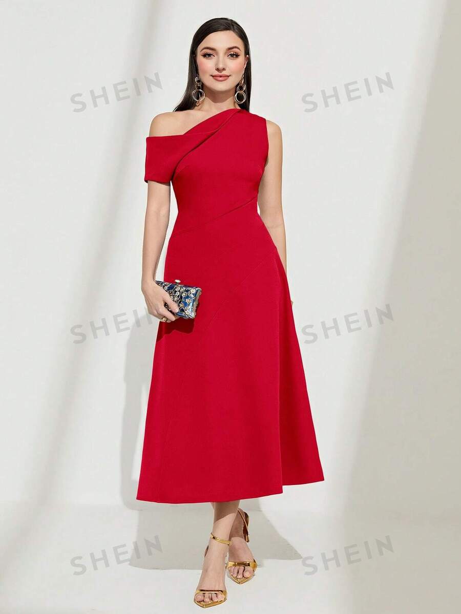 Modelyn Vestido línea A unicolor de cuello asimétrico - Rojo - Ver 1