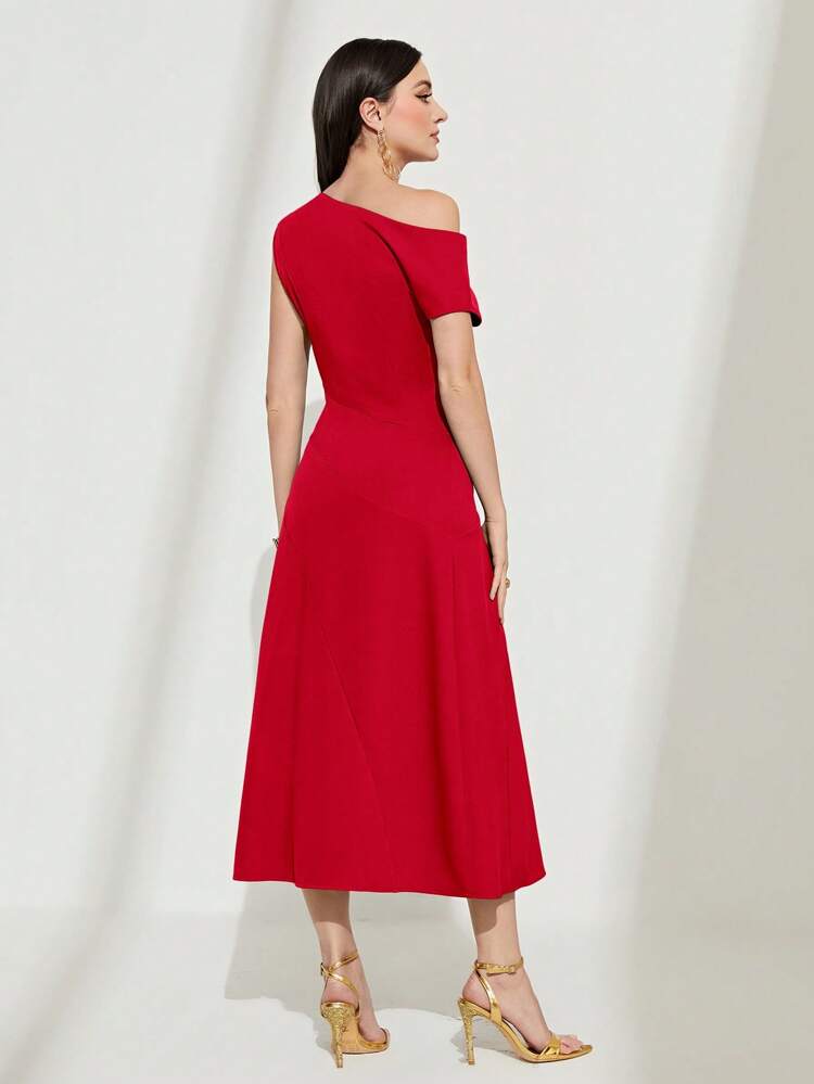 Solid Asymmetrical Neck A-line Dress