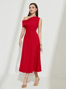 Modelyn Chất rắn Cổ không đối xứng Váy chữ A - Đỏ - Xem 3