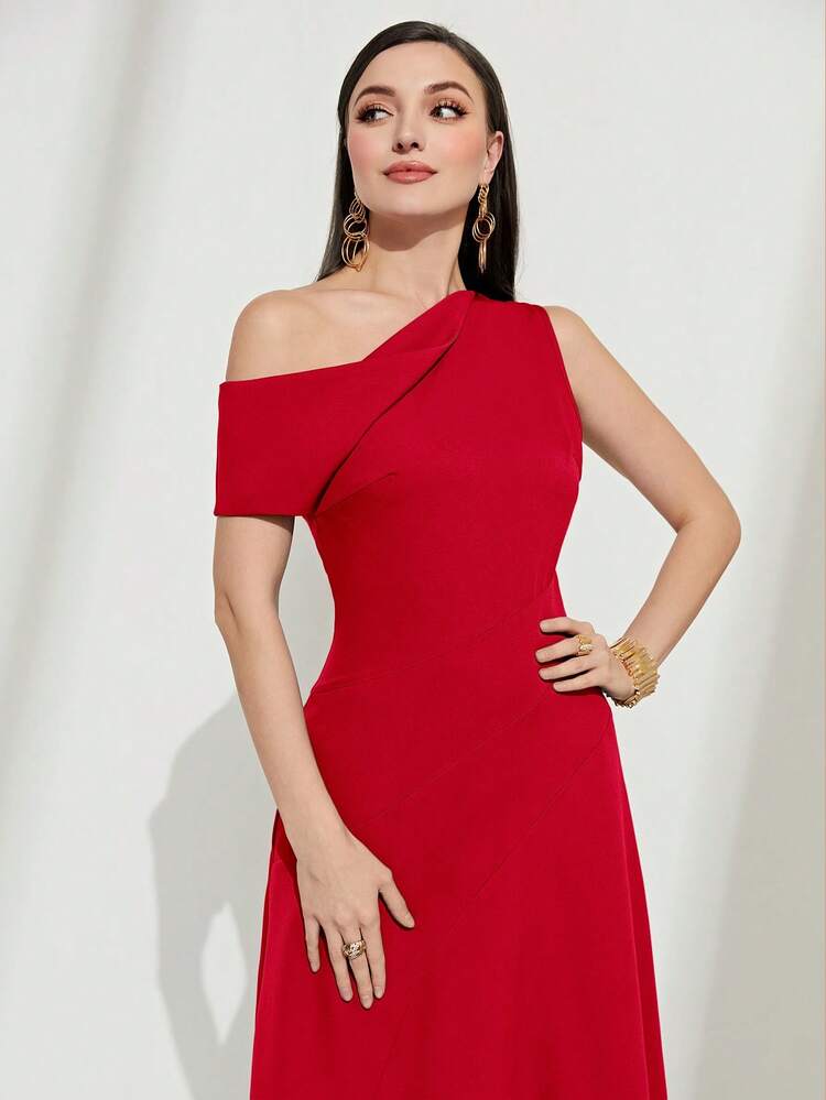 Solid Asymmetrical Neck A-line Dress