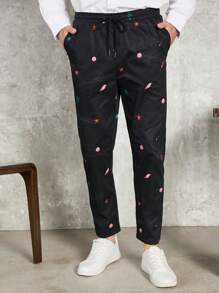 GENTILAND Hombres Pantalones con estampado de concha de cintura con cordón - Negro - Ver 1