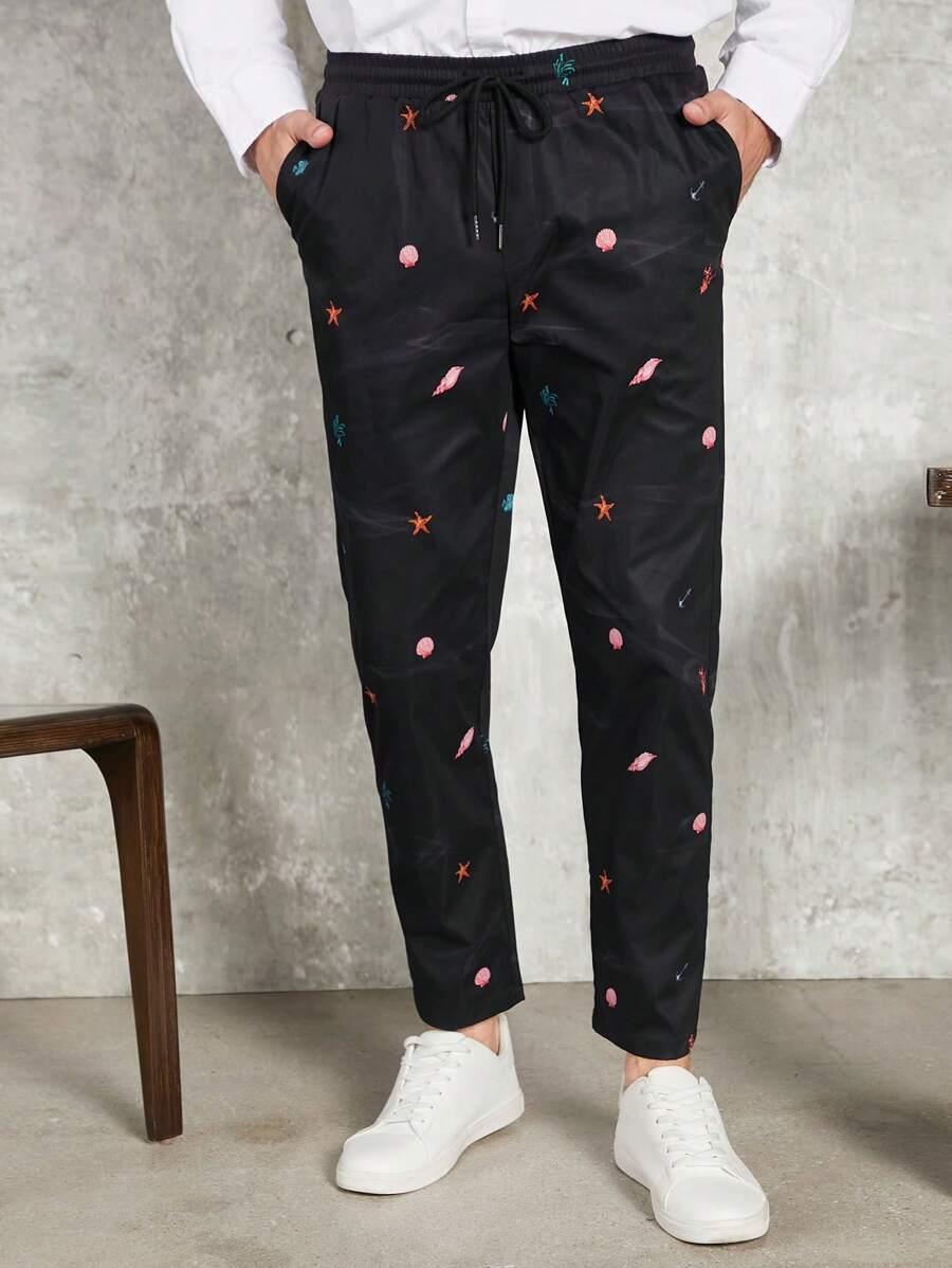 GENTILAND Hombres Pantalones con estampado de concha de cintura con cordón - Negro - Ver 1