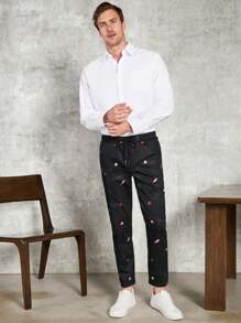 GENTILAND Hombres Pantalones con estampado de concha de cintura con cordón - Negro - Ver 3