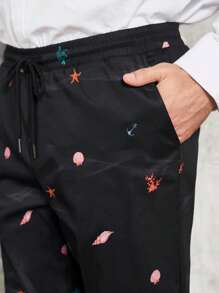 GENTILAND Hombres Pantalones con estampado de concha de cintura con cordón - Negro - Ver 4