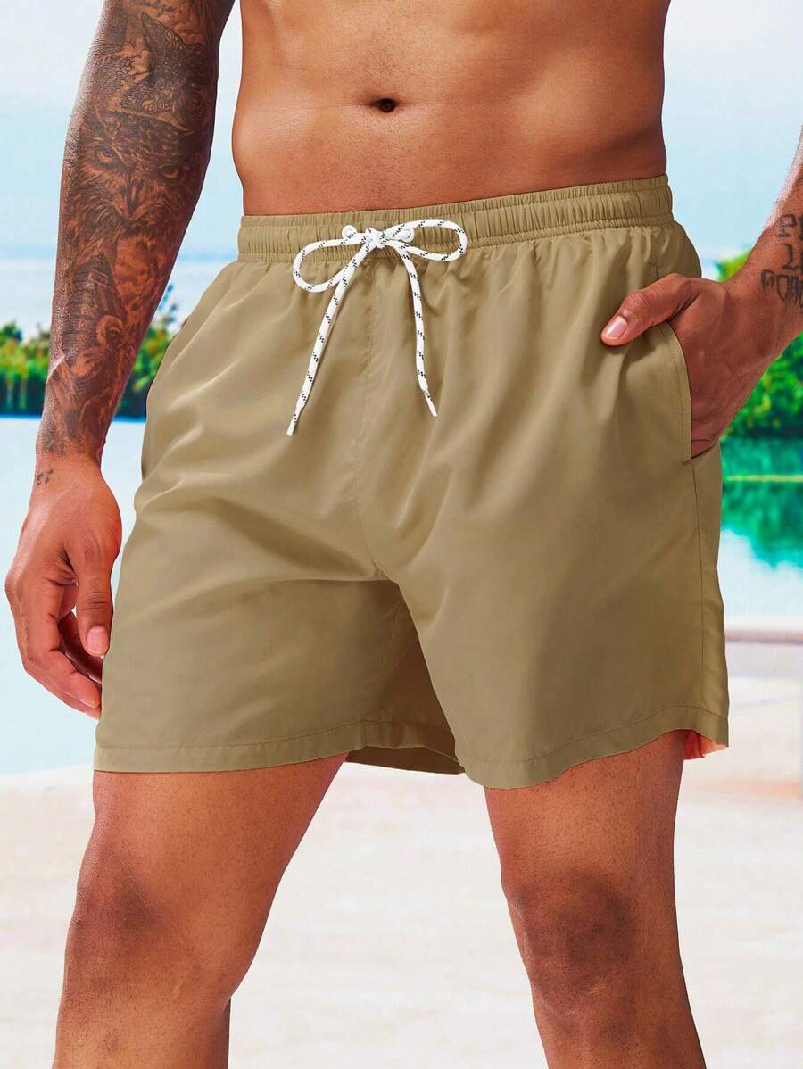Surfspeed Men Slant Pockets Drawstring Waist Swim Trunks - Brown - View 1