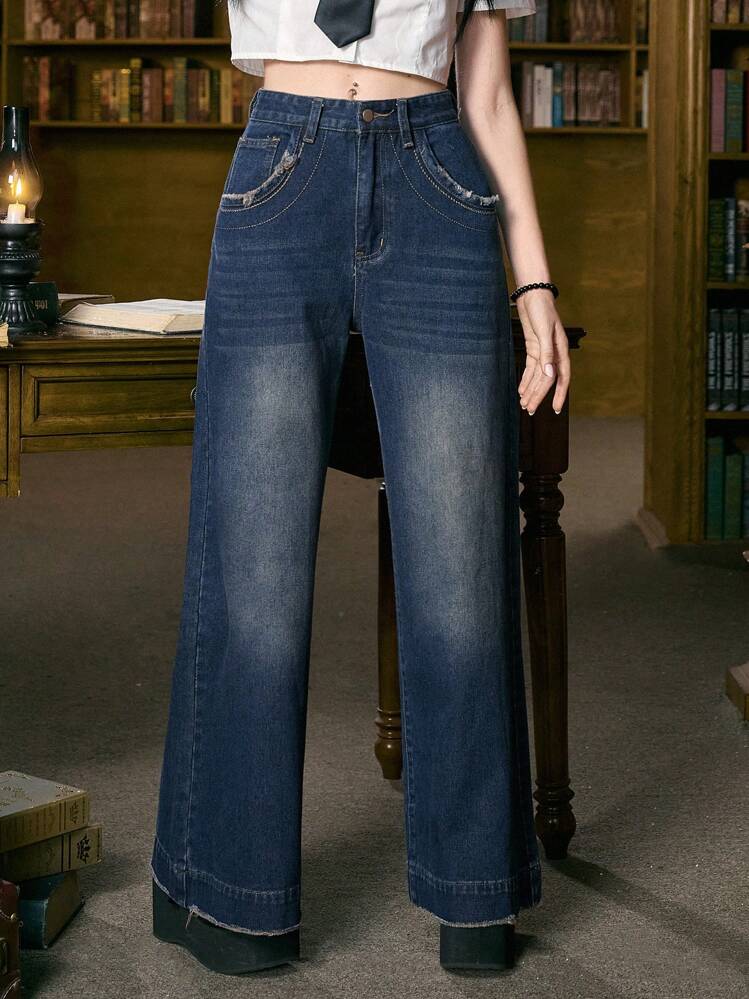 ROMWE Academia 毛邊緣水洗牛仔褲 - 深色水洗藍 - 查看 3