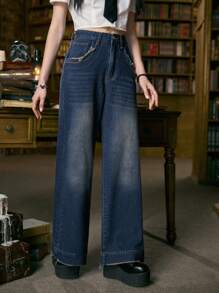 ROMWE Academia Jeans ribete crudo con lavado - Azul lavado oscuro - Ver 4