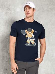 Manfinity Homme Hombres Camiseta con estampado de oso - Azul Marino - Ver 3