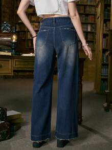 ROMWE Academia Jeans ribete crudo con lavado - Azul lavado oscuro - Ver 6