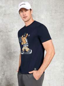 Manfinity Homme Hombres Camiseta con estampado de oso - Azul Marino - Ver 7