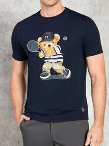 Manfinity Homme Hombres Camiseta con estampado de oso - Azul Marino - Ver 1