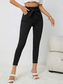 Paperbag Waist Belted Skinny Jeans - Black - View 1