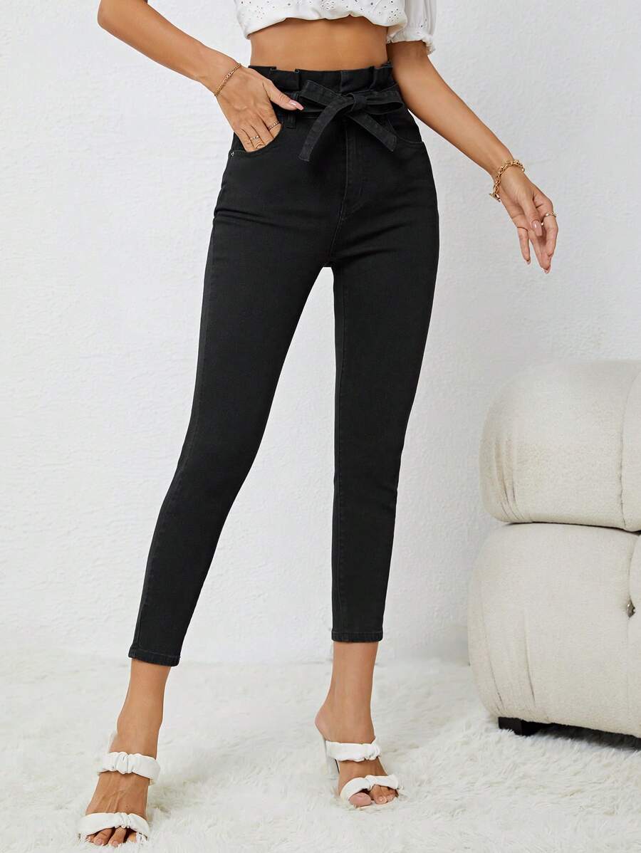Paperbag Waist Belted Skinny Jeans - Black - View 1