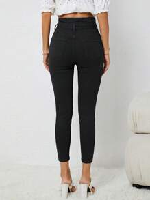 Paperbag Waist Belted Skinny Jeans - Black - View 2