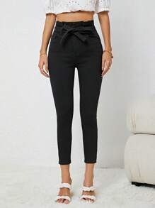 Paperbag Waist Belted Skinny Jeans - Black - View 3