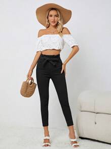 Paperbag Waist Belted Skinny Jeans - Black - View 4