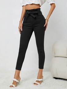 Paperbag Waist Belted Skinny Jeans - Black - View 5