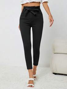 Paperbag Waist Belted Skinny Jeans - Black - View 6