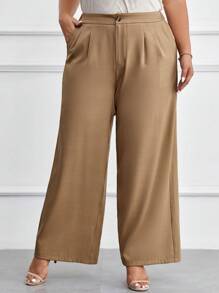 SHEIN LUNE Plus Solid Wide Leg Suit Trousers - Khaki - View 1