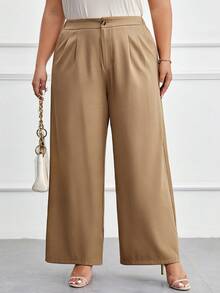 SHEIN LUNE Plus Solid Wide Leg Suit Trousers - Khaki - View 3
