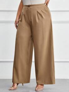 SHEIN LUNE Plus Solid Wide Leg Suit Trousers - Khaki - View 4