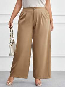 SHEIN LUNE Plus Solid Wide Leg Suit Trousers - Khaki - View 6
