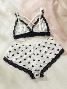Conjunto de lencería con sujetador y panty con estampado de corazones y ribete de encaje - Blanco y Negro - Ver 2