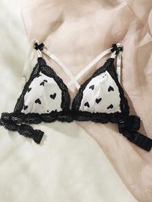 Conjunto de lencería con sujetador y panty con estampado de corazones y ribete de encaje - Blanco y Negro - Ver 3