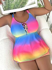Slaydiva Summer Beach Plus Size Ombre Lace Up Front Swim Dress