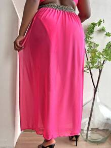 SHEIN Swim Curve Plus Contrast Tape Waist Split Thigh Cover Up Trousers - Hot Pink - View 2