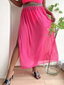 SHEIN Swim Curve Plus Contrast Tape Waist Split Thigh Cover Up Trousers - Hot Pink - View 5