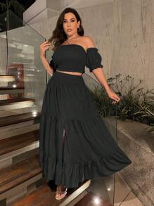 SHEIN LUNE Plus Off Shoulder Crop Top & Ruffle Hem Skirt