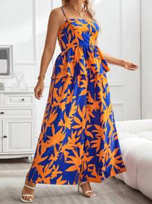 SHEIN Holidaya Plus Allover Print Peplum Cami Top & Wide Leg Pants - Royal Blue - View 5
