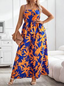 SHEIN Holidaya Plus Allover Print Peplum Cami Top & Wide Leg Pants - Royal Blue - View 3